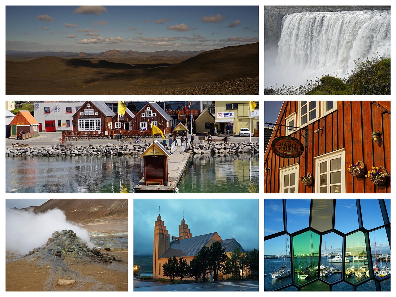 A mosaic of six diverse photographs including a waterfall, landscape, and village architecture